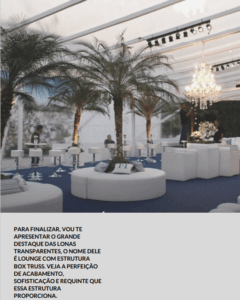 Ambriente decorado com mesas e palmeiras coberto por uma tenda branca boxtruss.